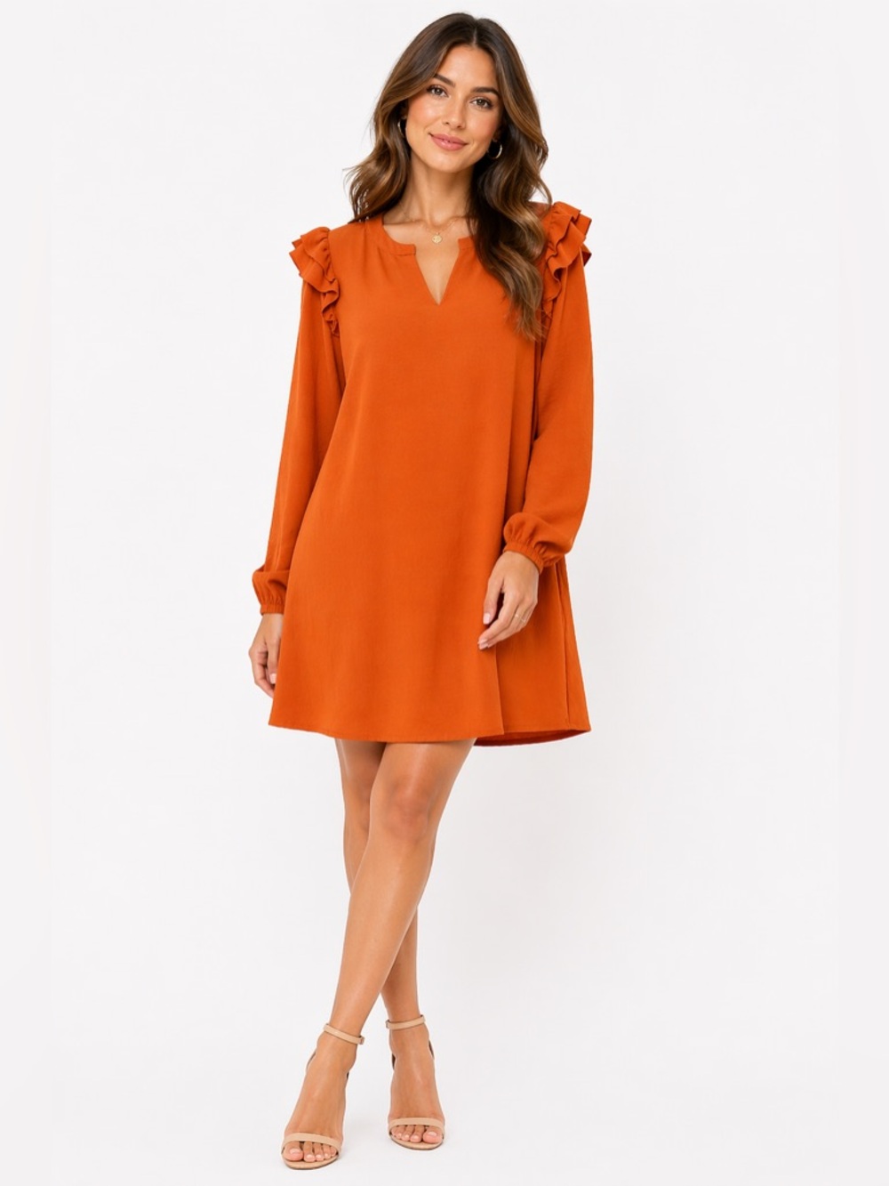 Jodifl Size Small Terracotta Ruffle Long Sleeve Dress